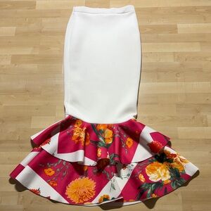 Floral Ruffle Pencil Skirt in White and Pink